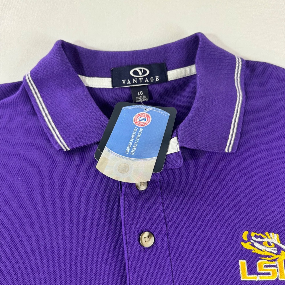 Vantage LSU Tigers Polo Mens Large L Purple Cotton Pique Logo Shirt Style 2765